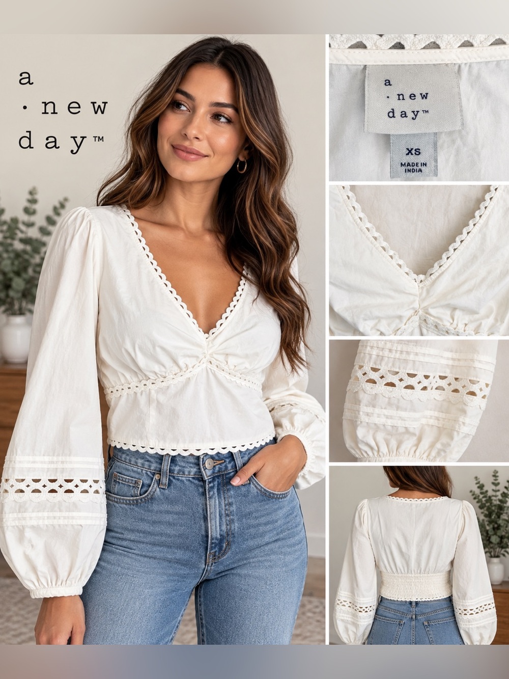 A New Day White Crochet-Trim V-Neck Peasant Blouse